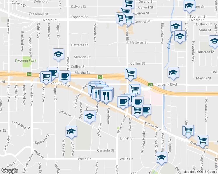 map of restaurants, bars, coffee shops, grocery stores, and more near 18617 Clark Street in Los Angeles