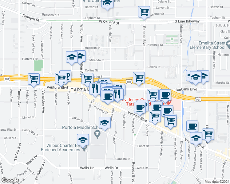 map of restaurants, bars, coffee shops, grocery stores, and more near 18666 Clark Street in Los Angeles