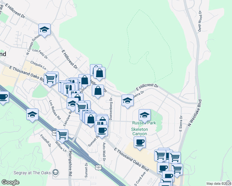 map of restaurants, bars, coffee shops, grocery stores, and more near 3229 Sawtooth Court in Westlake Village