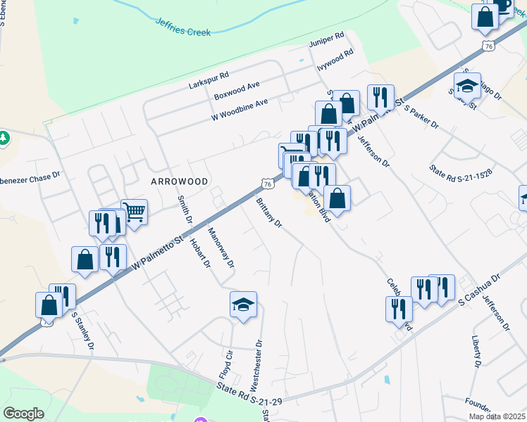 map of restaurants, bars, coffee shops, grocery stores, and more near 1219 Brittany Drive in Florence