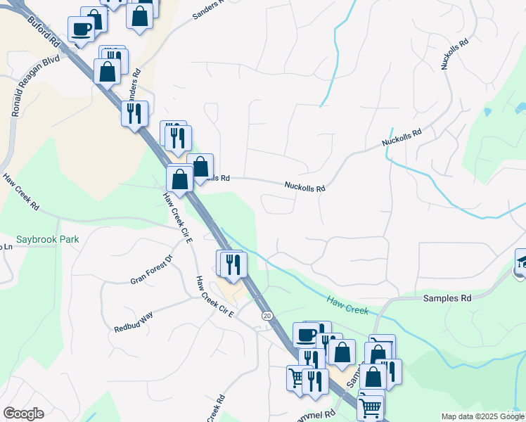 map of restaurants, bars, coffee shops, grocery stores, and more near 2635 Grapevine Circle in Cumming