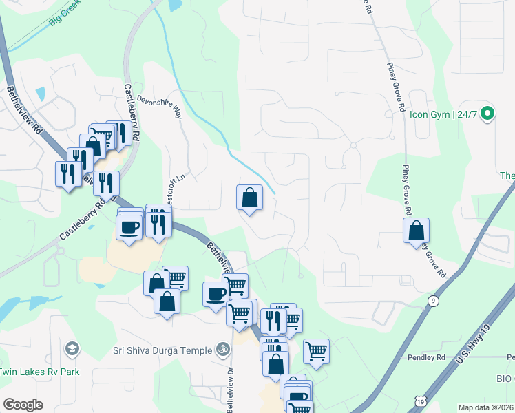 map of restaurants, bars, coffee shops, grocery stores, and more near 6320 Turfway Drive in Cumming
