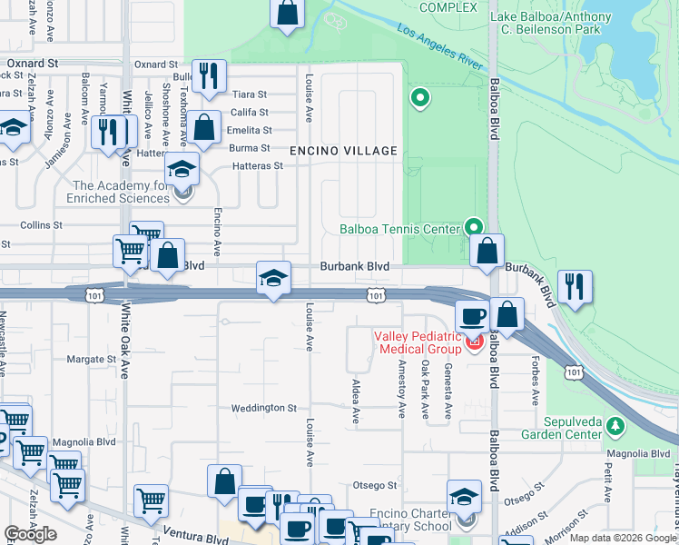map of restaurants, bars, coffee shops, grocery stores, and more near 17200 Burbank Boulevard in Los Angeles