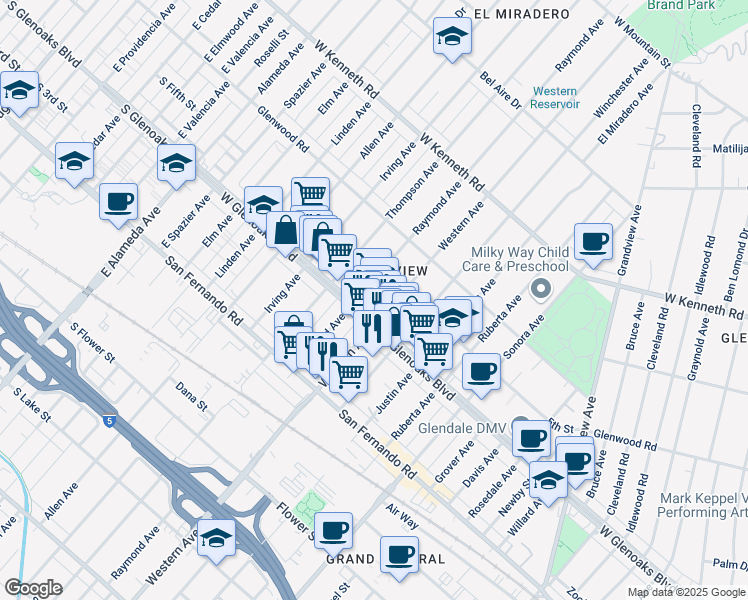 map of restaurants, bars, coffee shops, grocery stores, and more near 1717 West Glenoaks Boulevard in Glendale