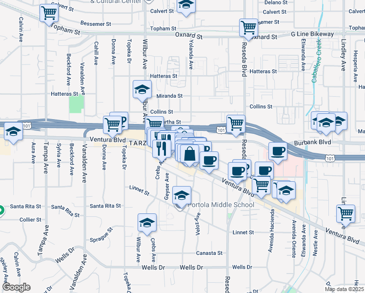 map of restaurants, bars, coffee shops, grocery stores, and more near 18700 Burbank Boulevard in Los Angeles