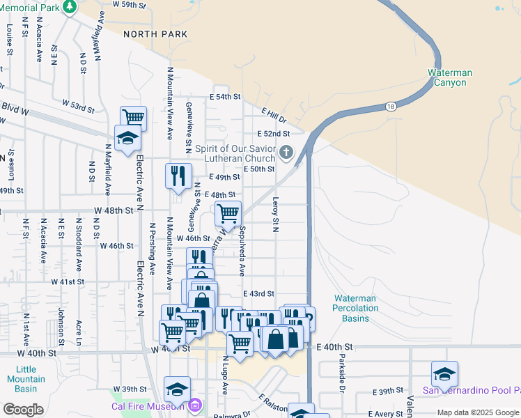 map of restaurants, bars, coffee shops, grocery stores, and more near 219 East 48th Street in San Bernardino