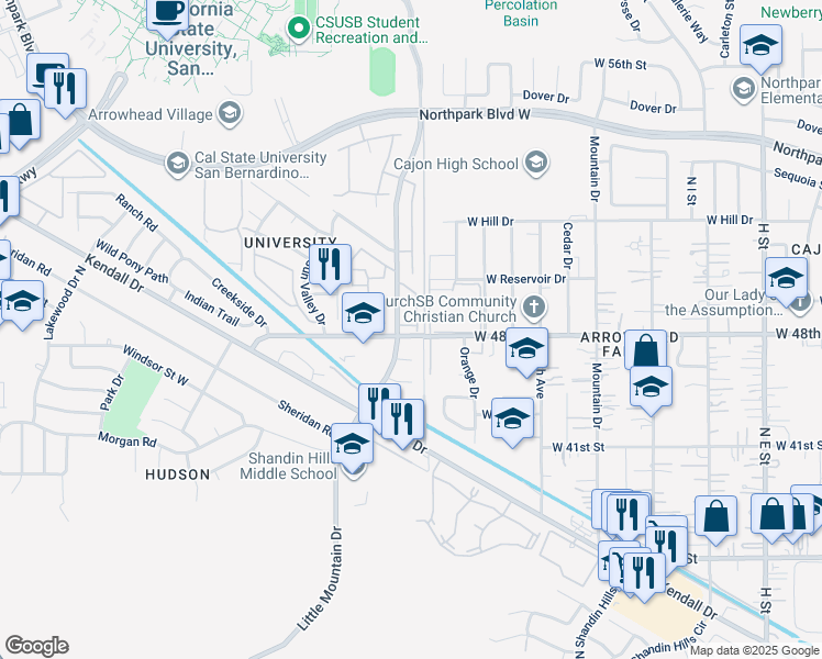 map of restaurants, bars, coffee shops, grocery stores, and more near 1321 Stonegate Lane in San Bernardino