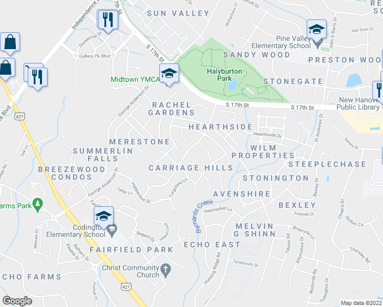 map of restaurants, bars, coffee shops, grocery stores, and more near in Wilmington