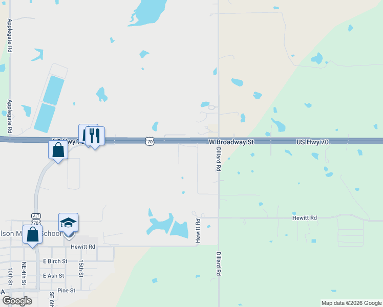 map of restaurants, bars, coffee shops, grocery stores, and more near 52 Blossom Drive in Wilson