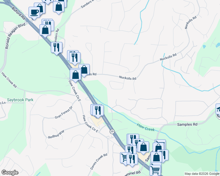 map of restaurants, bars, coffee shops, grocery stores, and more near 2635 Grapevine Circle in Cumming