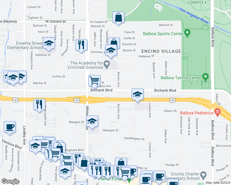 map of restaurants, bars, coffee shops, grocery stores, and more near 17500 Burbank Boulevard in Los Angeles