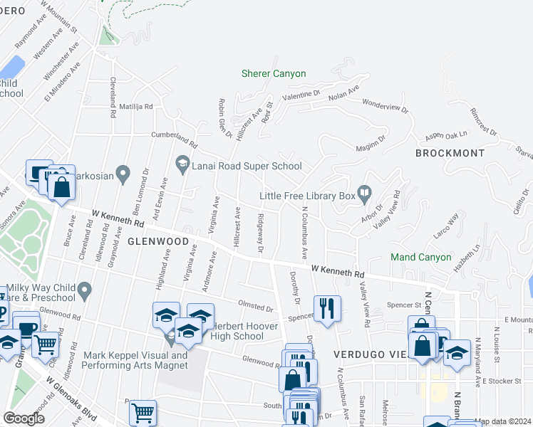 map of restaurants, bars, coffee shops, grocery stores, and more near 1566 Ridgeway Drive in Glendale