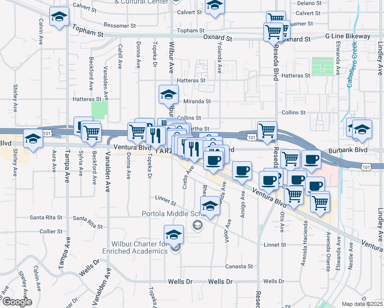 map of restaurants, bars, coffee shops, grocery stores, and more near 18800 Ventura Boulevard in Los Angeles