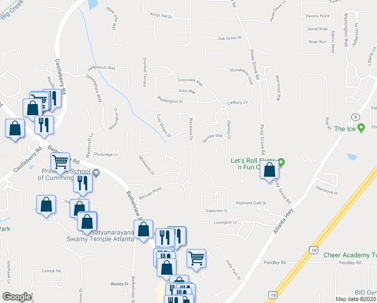 map of restaurants, bars, coffee shops, grocery stores, and more near 6345 Waveland Drive in Cumming