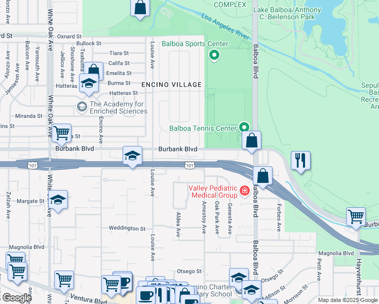 map of restaurants, bars, coffee shops, grocery stores, and more near 17150 Burbank Boulevard in Los Angeles