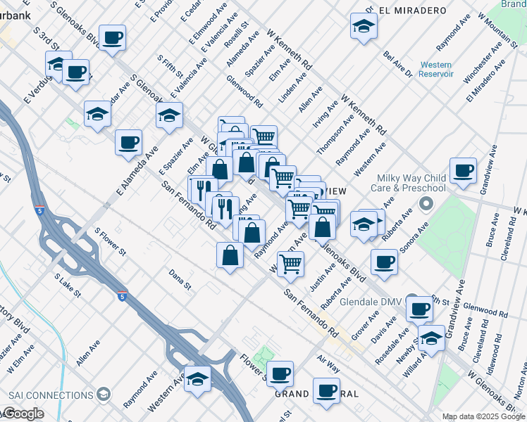 map of restaurants, bars, coffee shops, grocery stores, and more near 1063 Thompson Avenue in Glendale