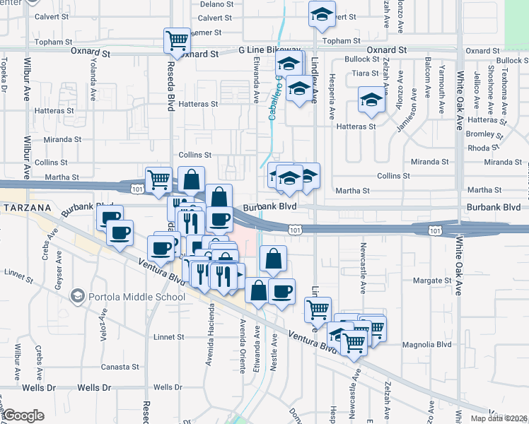 map of restaurants, bars, coffee shops, grocery stores, and more near 18242 Burbank Boulevard in Los Angeles