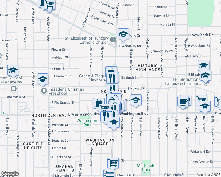 map of restaurants, bars, coffee shops, grocery stores, and more near 870 East Howard Street in Pasadena