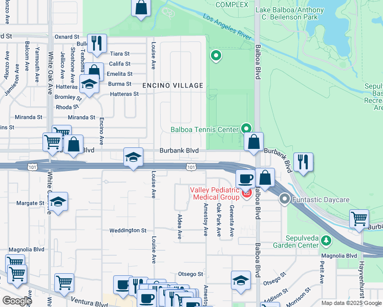 map of restaurants, bars, coffee shops, grocery stores, and more near 17140 Burbank Boulevard in Los Angeles