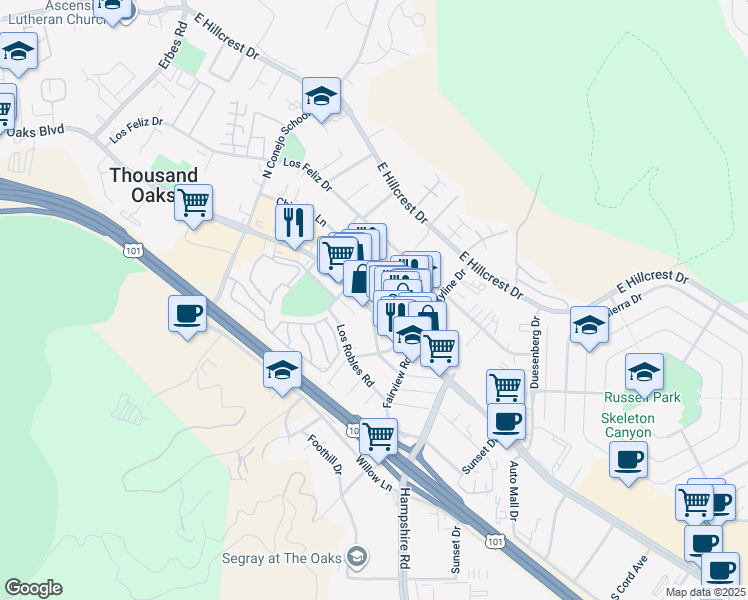 map of restaurants, bars, coffee shops, grocery stores, and more near 2751 Thousand Oaks Boulevard in Thousand Oaks