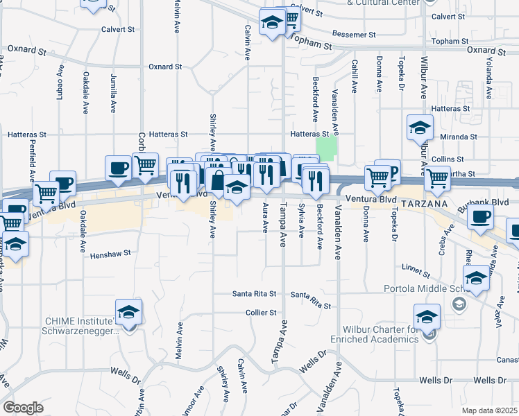 map of restaurants, bars, coffee shops, grocery stores, and more near 5545 Aura Avenue in Los Angeles