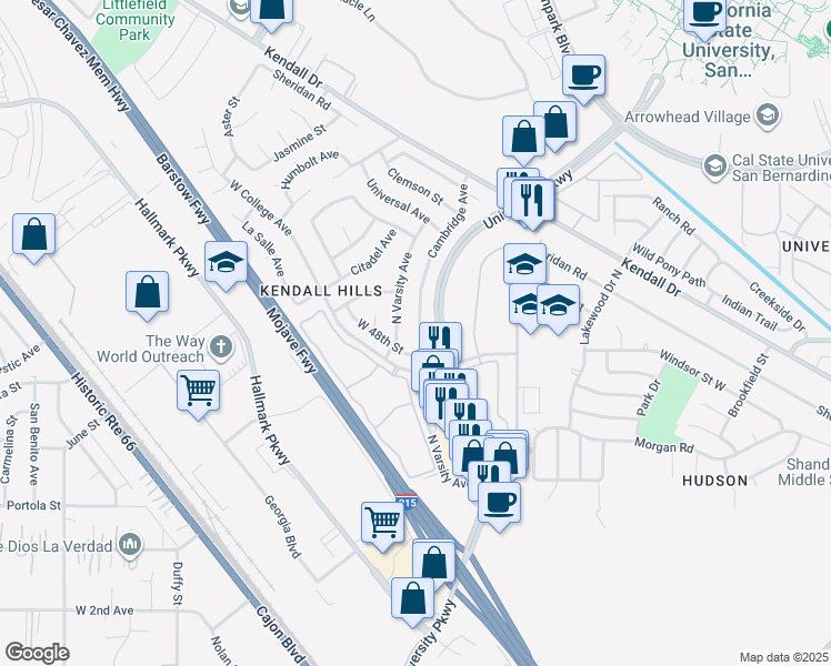 map of restaurants, bars, coffee shops, grocery stores, and more near 4872 Cambridge Avenue in San Bernardino