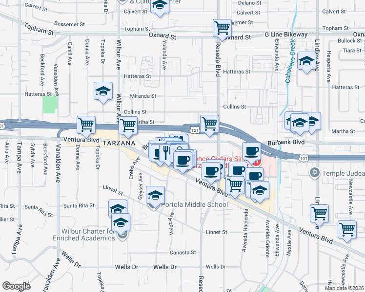 map of restaurants, bars, coffee shops, grocery stores, and more near 18620 Burbank Boulevard in Los Angeles