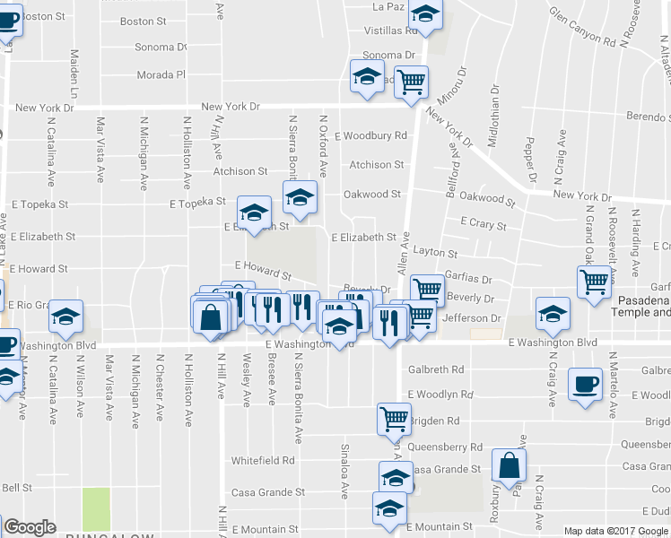 map of restaurants, bars, coffee shops, grocery stores, and more near 1510 North Oxford Avenue in Pasadena