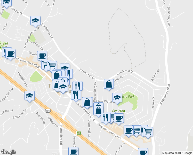 map of restaurants, bars, coffee shops, grocery stores, and more near 3109 East Hillcrest Drive in Westlake Village