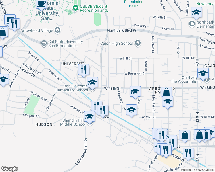 map of restaurants, bars, coffee shops, grocery stores, and more near 4813 Village Green Way in San Bernardino