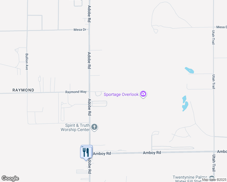map of restaurants, bars, coffee shops, grocery stores, and more near Adobe Road in Twentynine Palms