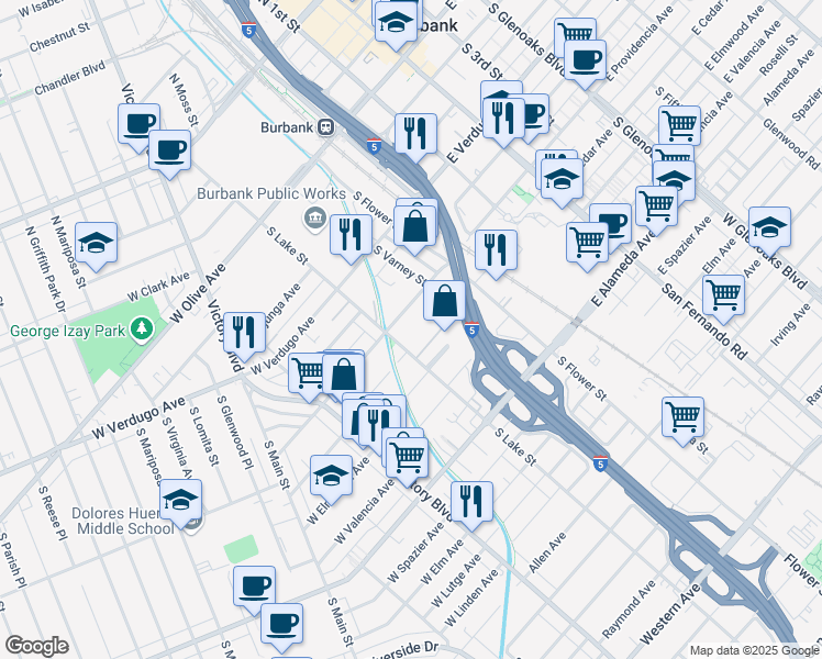 map of restaurants, bars, coffee shops, grocery stores, and more near 700 South Lake Street in Burbank