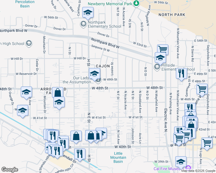 map of restaurants, bars, coffee shops, grocery stores, and more near 625 West 48th Street in San Bernardino