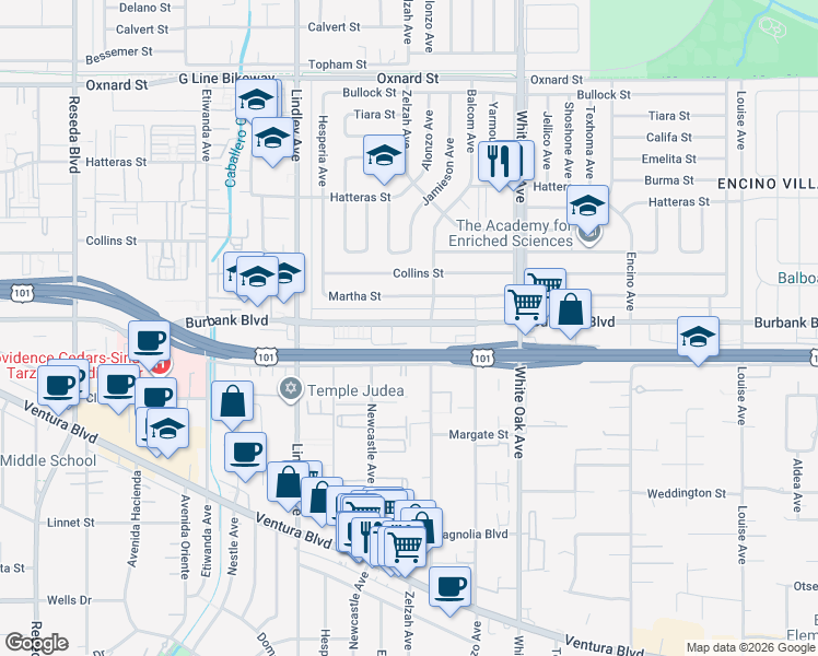 map of restaurants, bars, coffee shops, grocery stores, and more near 17910 Burbank Boulevard in Los Angeles