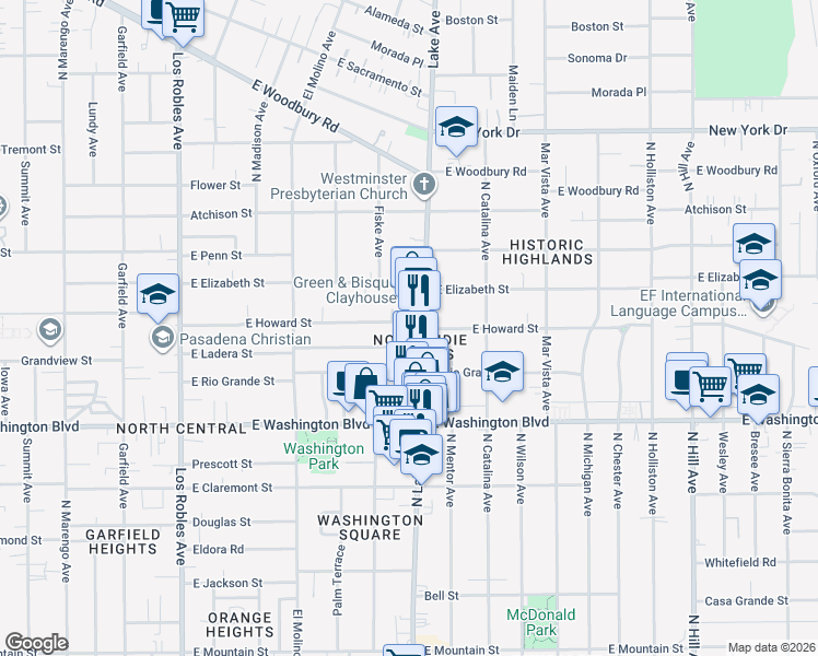 map of restaurants, bars, coffee shops, grocery stores, and more near 870 East Howard Street in Pasadena