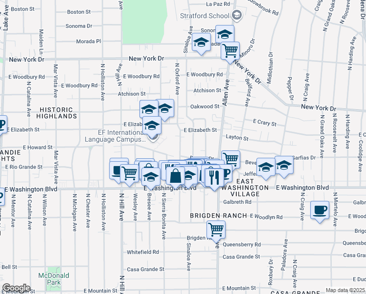 map of restaurants, bars, coffee shops, grocery stores, and more near 1510 North Oxford Avenue in Pasadena