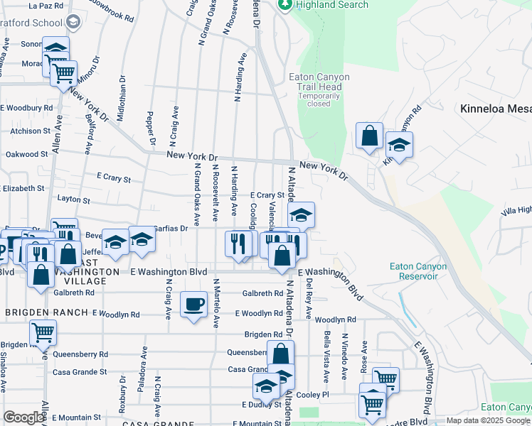 map of restaurants, bars, coffee shops, grocery stores, and more near 1507 Valencia Avenue in Pasadena