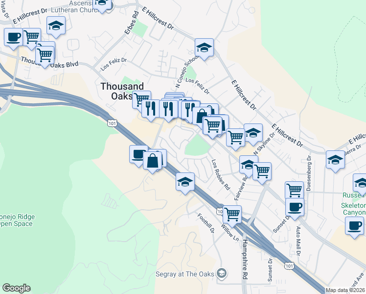 map of restaurants, bars, coffee shops, grocery stores, and more near 2426 Pleasant Way in Thousand Oaks