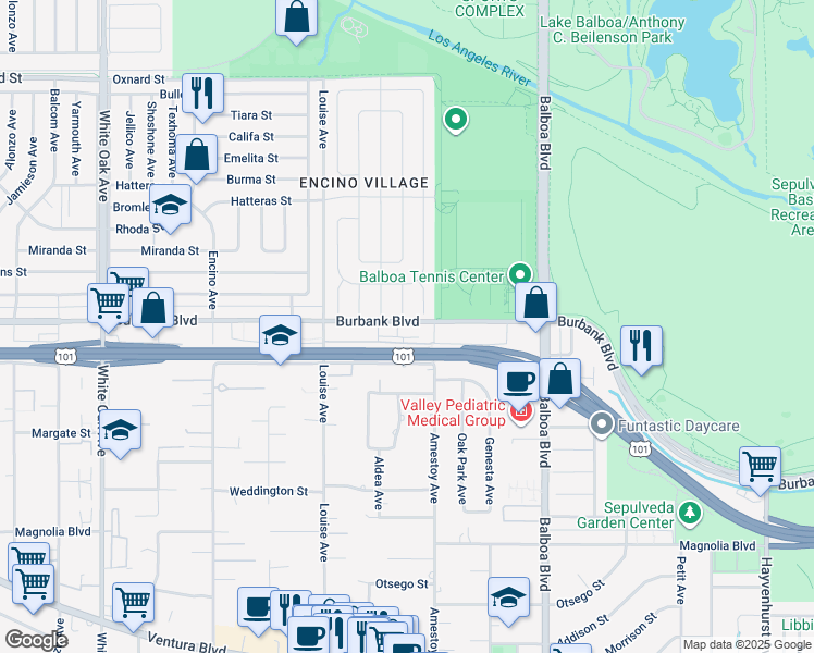 map of restaurants, bars, coffee shops, grocery stores, and more near 17130 Burbank Boulevard in Los Angeles