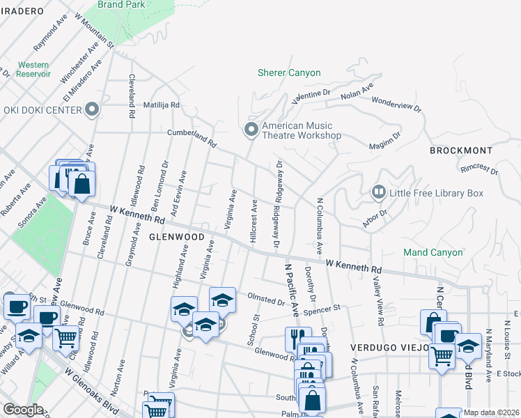 map of restaurants, bars, coffee shops, grocery stores, and more near 1558 Hillcrest Avenue in Glendale