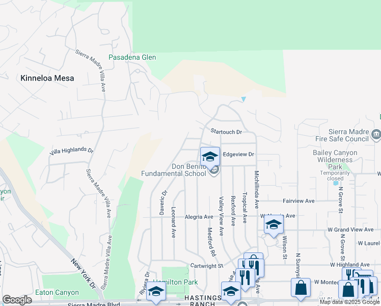 map of restaurants, bars, coffee shops, grocery stores, and more near 3690 Alder Lane in Pasadena
