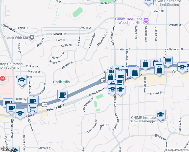 map of restaurants, bars, coffee shops, grocery stores, and more near 5500 Keokuk Avenue in Los Angeles