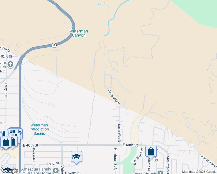 map of restaurants, bars, coffee shops, grocery stores, and more near 4704 David Way North in San Bernardino