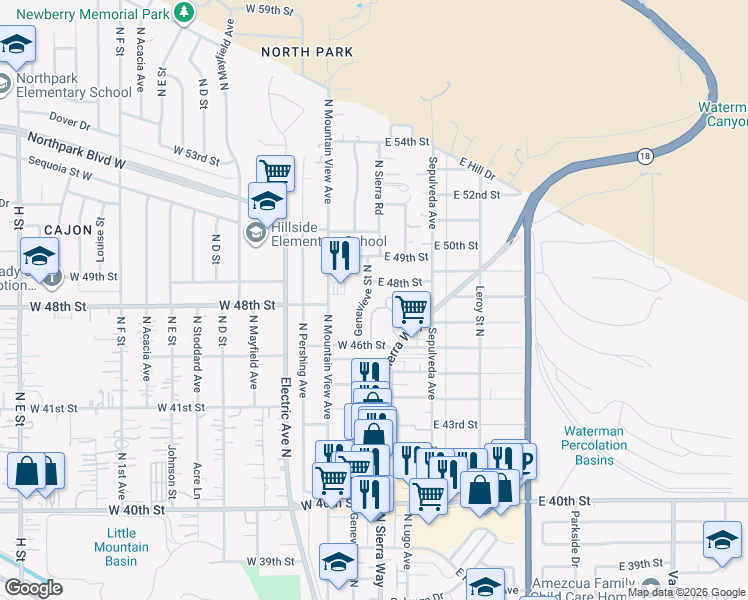 map of restaurants, bars, coffee shops, grocery stores, and more near 4717 Brentwood Lane in San Bernardino