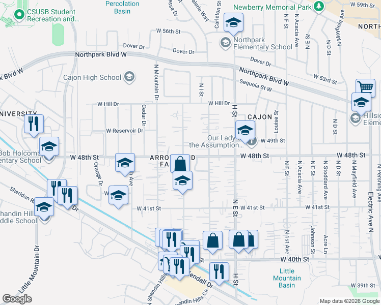 map of restaurants, bars, coffee shops, grocery stores, and more near 4193 North 3rd Avenue in San Bernardino County