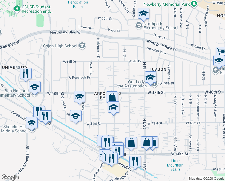map of restaurants, bars, coffee shops, grocery stores, and more near 4193 North 3rd Avenue in San Bernardino County