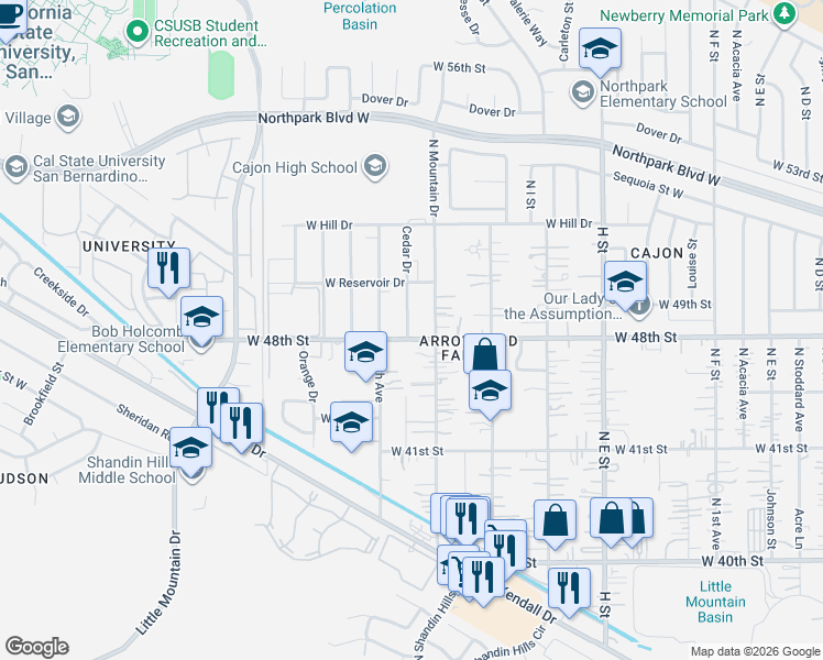map of restaurants, bars, coffee shops, grocery stores, and more near 1105 West 48th Street in San Bernardino County