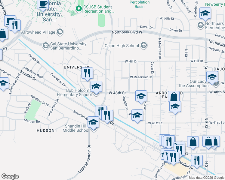 map of restaurants, bars, coffee shops, grocery stores, and more near 1295 West 48th Street in San Bernardino