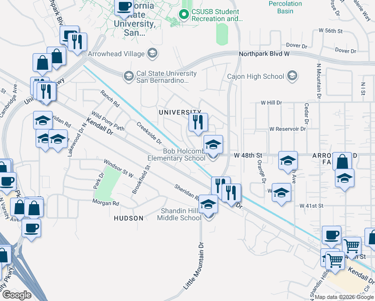 map of restaurants, bars, coffee shops, grocery stores, and more near 4814 Alta Drive in San Bernardino
