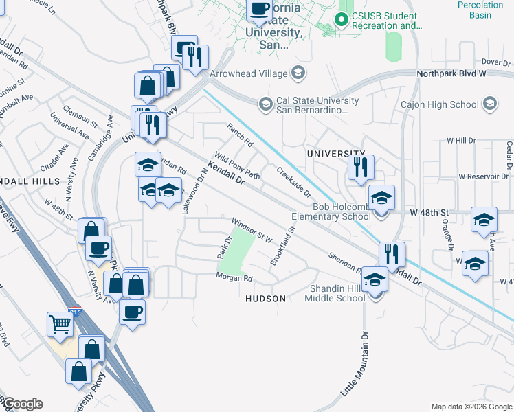 map of restaurants, bars, coffee shops, grocery stores, and more near 1537 Sheridan Road in San Bernardino
